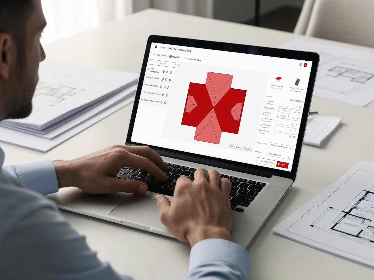 Mężczyzna pracujący na laptopie i obliczający dach w aplikacji  All4Roof 