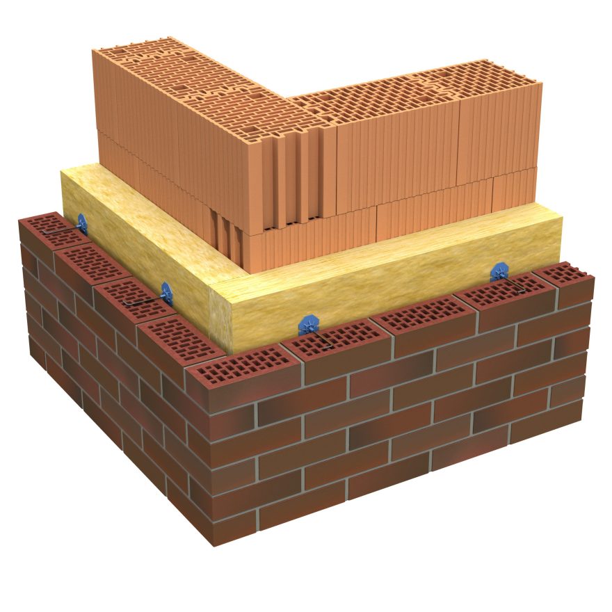 Ściana trójwarstwowa z klinkierem na elewacji, wewnątrz ocieplenie i pustka powietrzna