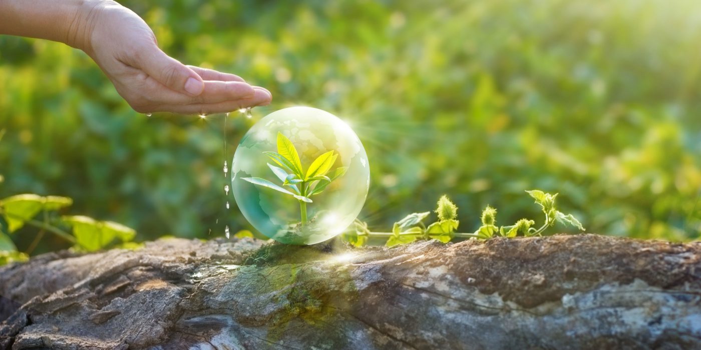 ESG dekarbonizacja ręka z wodą chroniąca małą roślinę