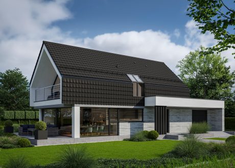 render budynku dom na przyszłość LK&1775 z dachówką V9 na dachu i elewacji