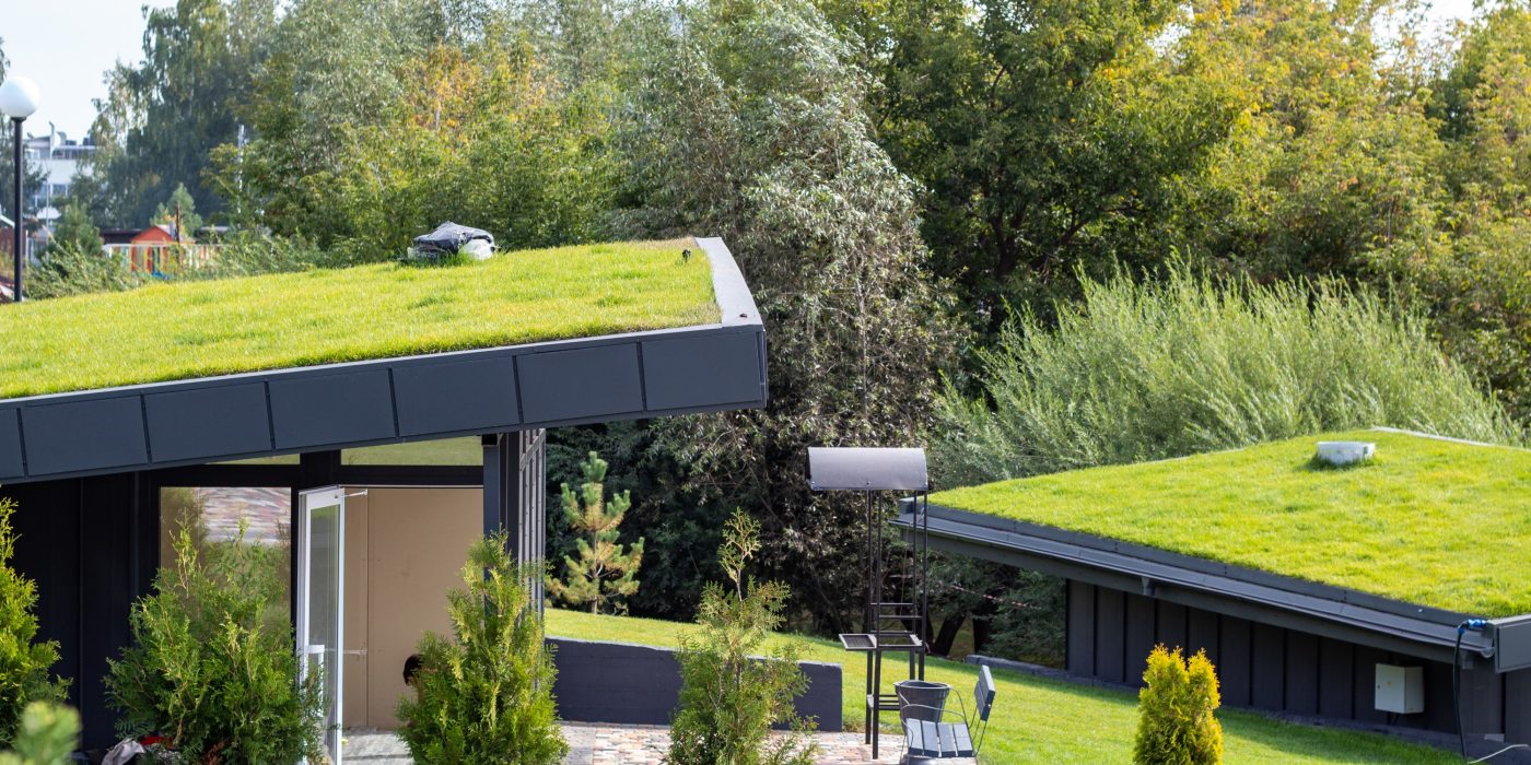 ESG Zrównoważone projektowanie nowoczesne budynki z zielonym dachem płaskim