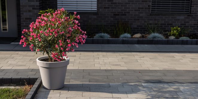 Nawierzchnia na terenie prywatnego domu w Gliwicach, umbriano grafitowobialy i stalowografitowy