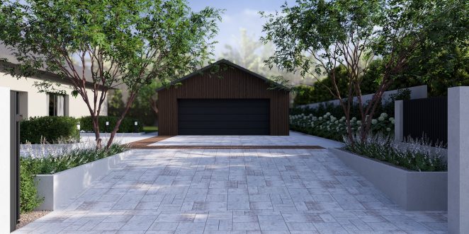 Render posesji z kostką brukową Ventura w kolorze taupe