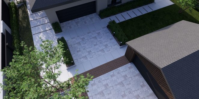 Render posesji z kostką brukową Ventura w kolorze taupe