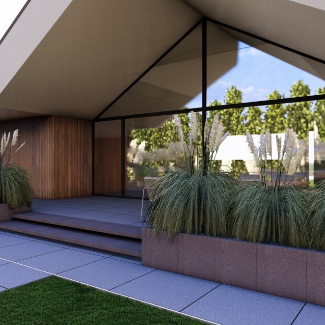 Render posesji na której wykorzystano produkt Livello Grande w kolorze Bruni jako palisady, obrzeża, donice, płyty układane step by step, stopnie lewitujące