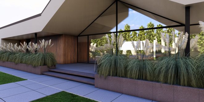 Render posesji na której wykorzystano produkt Livello Grande w kolorze Bruni jako palisady, obrzeża, donice, płyty układane step by step, stopnie lewitujące