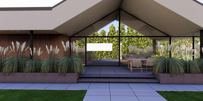 Render posesji na której wykorzystano produkt Livello Grande w kolorze Bruni jako palisady, obrzeża, donice, płyty układane step by step, stopnie lewitujące