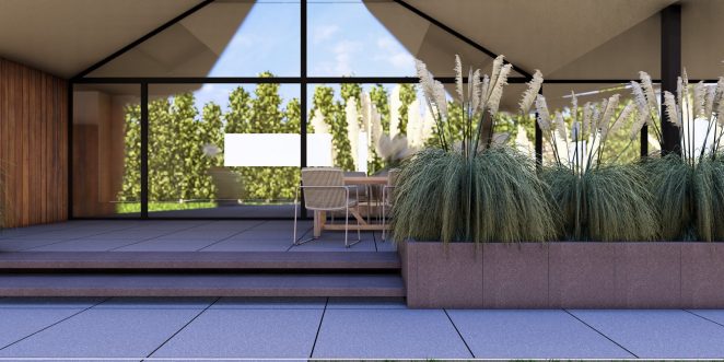 Render posesji na której wykorzystano produkt Livello Grande w kolorze Bruni jako palisady, obrzeża, donice, płyty układane step by step, stopnie lewitujące