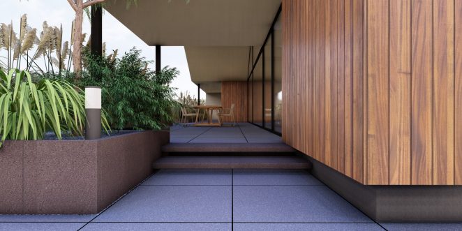 Render posesji na której wykorzystano produkt Livello Grande w kolorze Bruni jako palisady, obrzeża, donice, płyty układane step by step, stopnie lewitujące