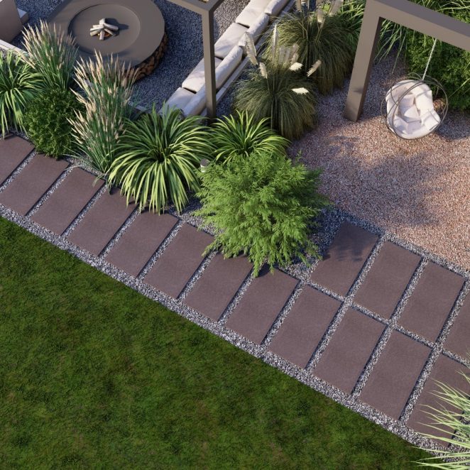Render posesji na której wykorzystano produkt Livello Grande w kolorze Bruni jako palisady, obrzeża, donice, płyty układane step by step, stopnie lewitujące