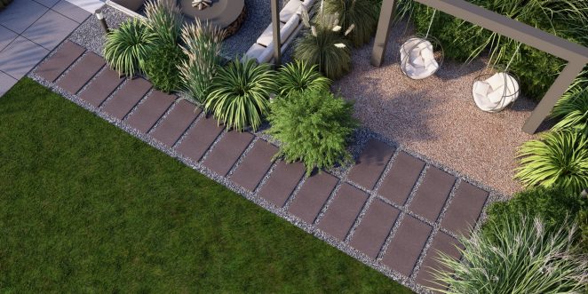 Render posesji na której wykorzystano produkt Livello Grande w kolorze Bruni jako palisady, obrzeża, donice, płyty układane step by step, stopnie lewitujące
