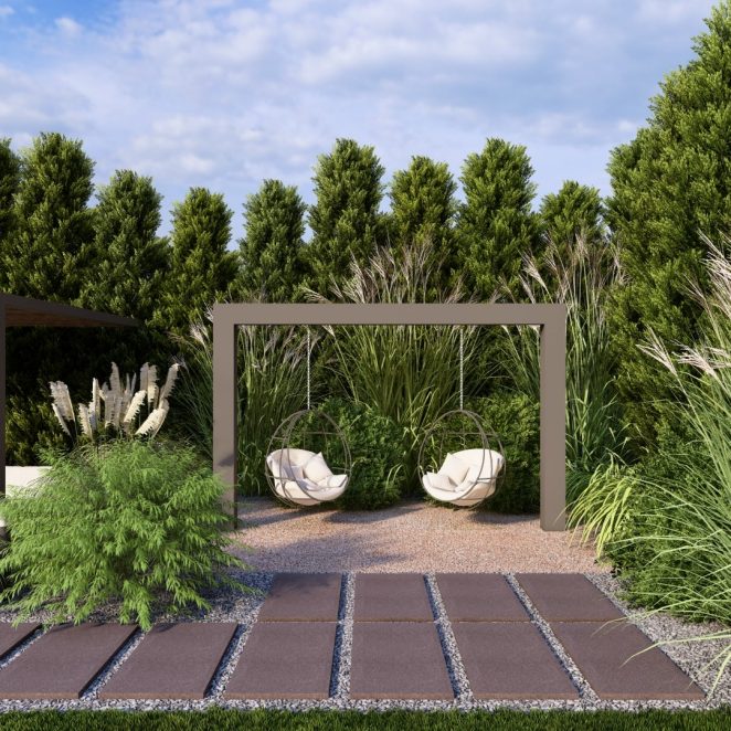 Render posesji na której wykorzystano produkt Livello Grande w kolorze Bruni jako palisady, obrzeża, donice, płyty układane step by step, stopnie lewitujące