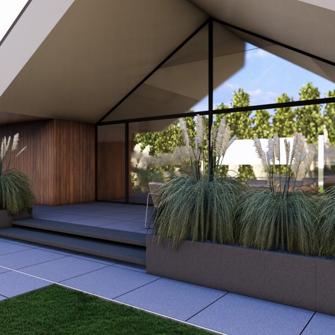 Render posesji na której wykorzystano produkt Livello Grande w kolorze Teneri jako palisady, obrzeża, donice, płyty układane step by step, stopnie lewitujące