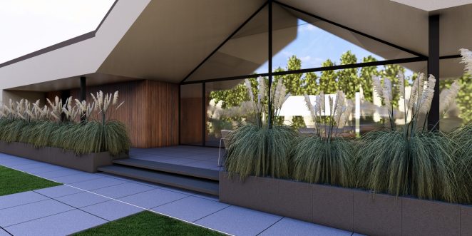 Render posesji na której wykorzystano produkt Livello Grande w kolorze Teneri jako palisady, obrzeża, donice, płyty układane step by step, stopnie lewitujące