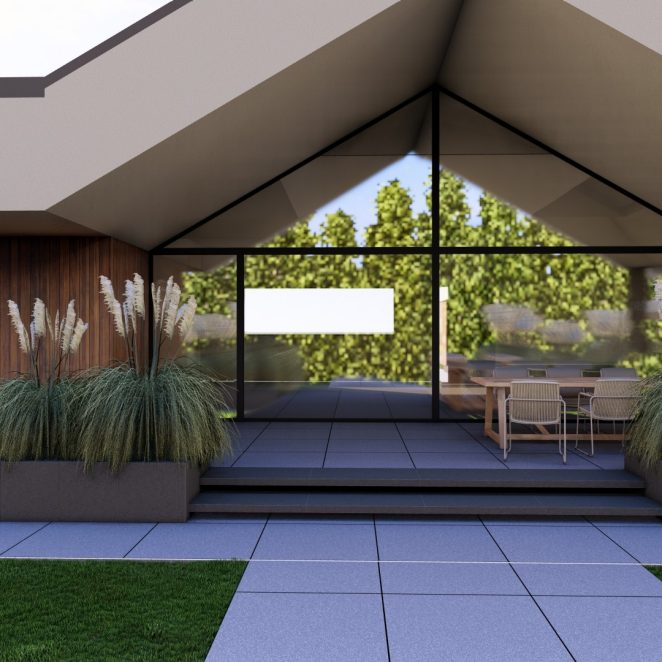 Render posesji na której wykorzystano produkt Livello Grande w kolorze Teneri jako palisady, obrzeża, donice, płyty układane step by step, stopnie lewitujące