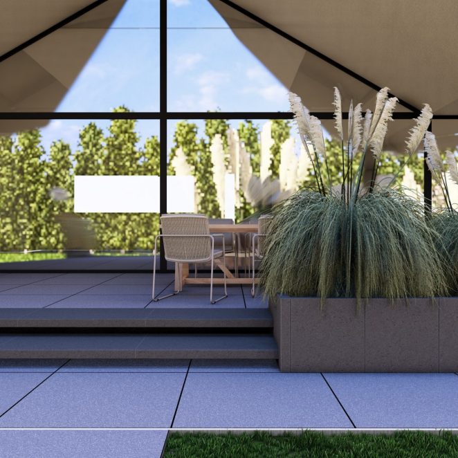 Render posesji na której wykorzystano produkt Livello Grande w kolorze Teneri jako palisady, obrzeża, donice, płyty układane step by step, stopnie lewitujące