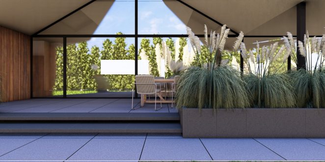 Render posesji na której wykorzystano produkt Livello Grande w kolorze Teneri jako palisady, obrzeża, donice, płyty układane step by step, stopnie lewitujące