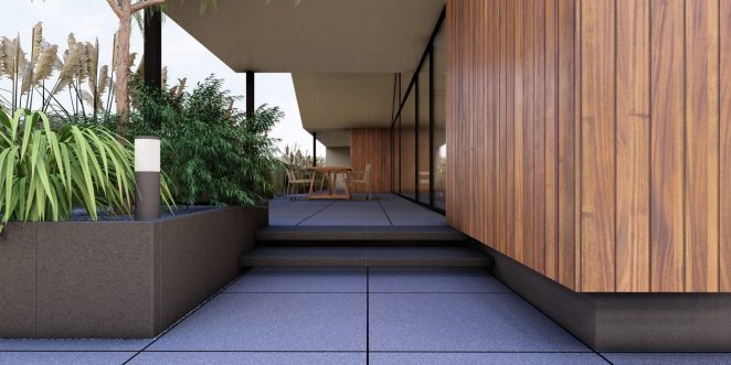 Render posesji na której wykorzystano produkt Livello Grande w kolorze Teneri jako palisady, obrzeża, donice, płyty układane step by step, stopnie lewitujące