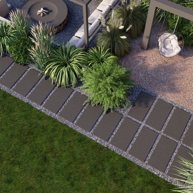 Render posesji na której wykorzystano produkt Livello Grande w kolorze Teneri jako palisady, obrzeża, donice, płyty układane step by step, stopnie lewitujące