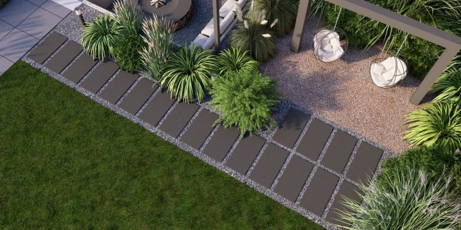 Render posesji na której wykorzystano produkt Livello Grande w kolorze Teneri jako palisady, obrzeża, donice, płyty układane step by step, stopnie lewitujące