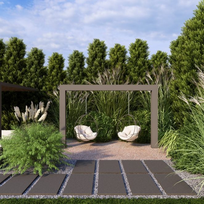 Render posesji na której wykorzystano produkt Livello Grande w kolorze Teneri jako palisady, obrzeża, donice, płyty układane step by step, stopnie lewitujące