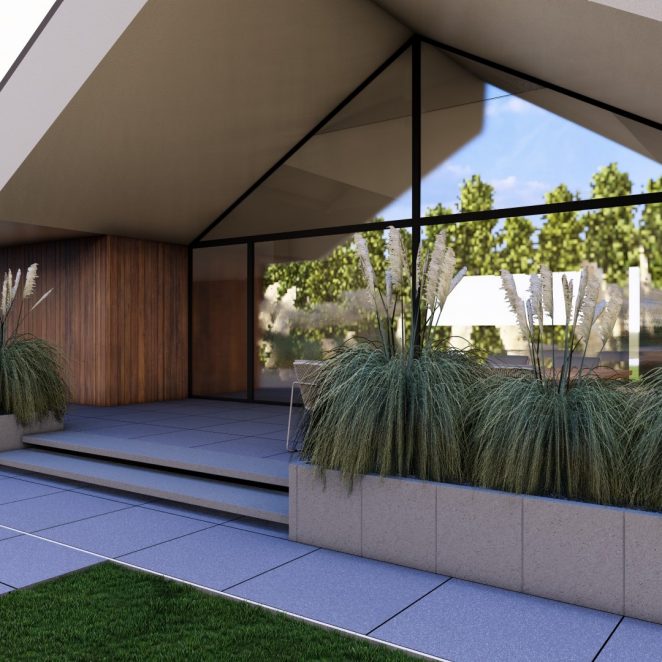 Render posesji na której wykorzystano produkt Livello Grande w kolorze Platino jako palisady, obrzeża, donice, płyty układane step by step, stopnie lewitujące