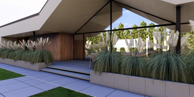 Render posesji na której wykorzystano produkt Livello Grande w kolorze Platino jako palisady, obrzeża, donice, płyty układane step by step, stopnie lewitujące