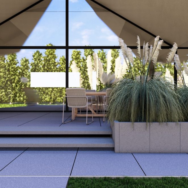 Render posesji na której wykorzystano produkt Livello Grande w kolorze Platino jako palisady, obrzeża, donice, płyty układane step by step, stopnie lewitujące