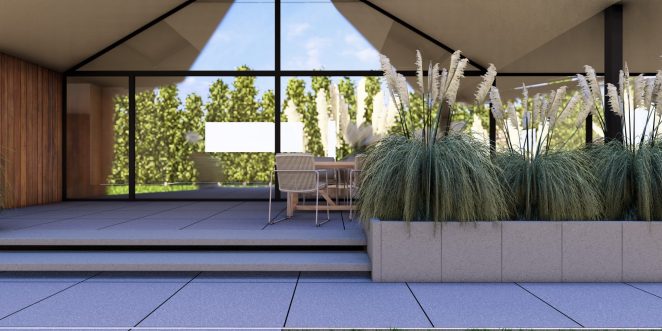 Render posesji na której wykorzystano produkt Livello Grande w kolorze Platino jako palisady, obrzeża, donice, płyty układane step by step, stopnie lewitujące