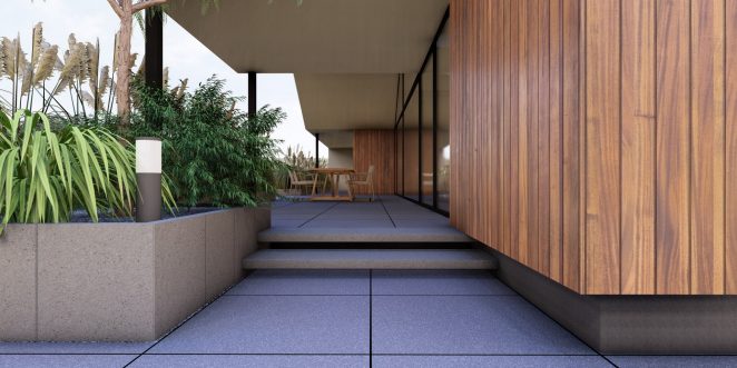 Render posesji na której wykorzystano produkt Livello Grande w kolorze Platino jako palisady, obrzeża, donice, płyty układane step by step, stopnie lewitujące