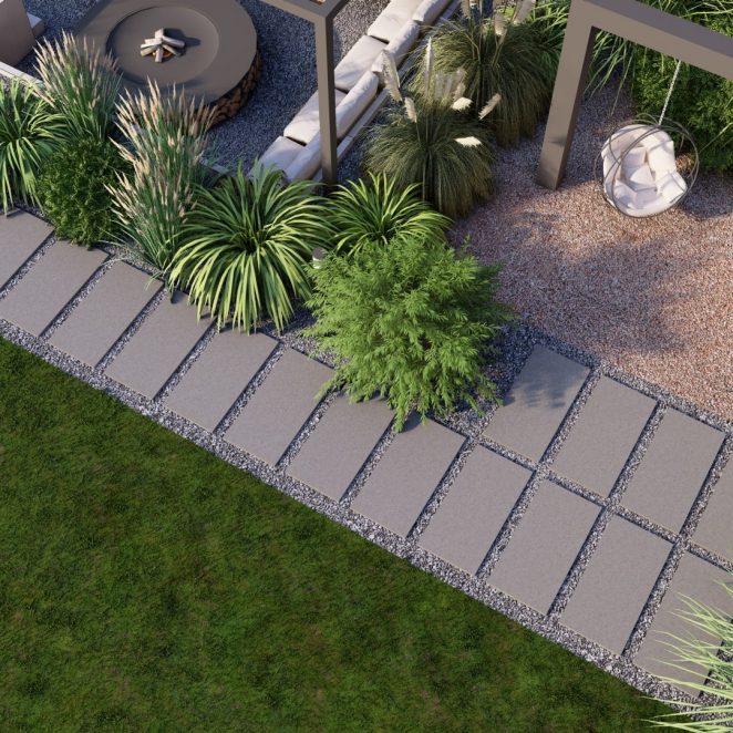 Render posesji na której wykorzystano produkt Livello Grande w kolorze Platino jako palisady, obrzeża, donice, płyty układane step by step, stopnie lewitujące