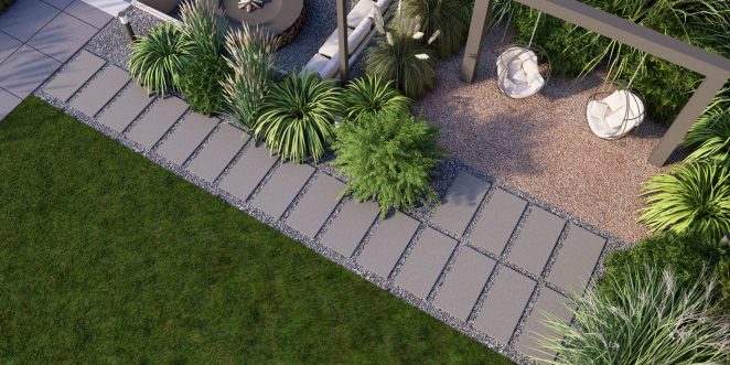 Render posesji na której wykorzystano produkt Livello Grande w kolorze Platino jako palisady, obrzeża, donice, płyty układane step by step, stopnie lewitujące
