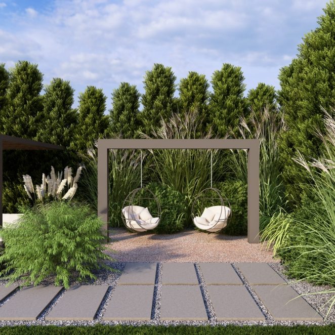 Render posesji na której wykorzystano produkt Livello Grande w kolorze Platino jako palisady, obrzeża, donice, płyty układane step by step, stopnie lewitujące