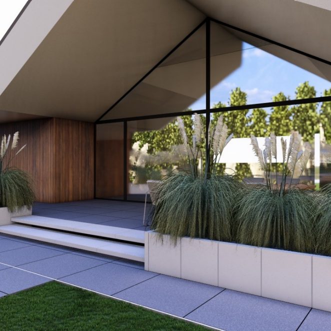 Render posesji na której wykorzystano produkt Livello Grande w kolorze Silexo jako palisady, obrzeża, donice, płyty układane step by step, stopnie lewitujące
