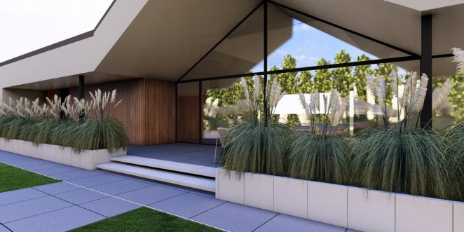 Render posesji na której wykorzystano produkt Livello Grande w kolorze Silexo jako palisady, obrzeża, donice, płyty układane step by step, stopnie lewitujące