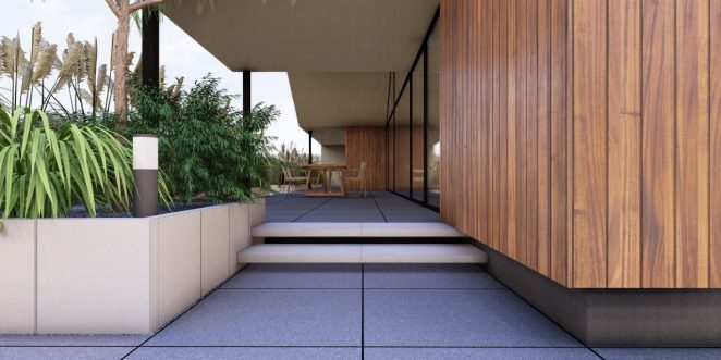 Render posesji na której wykorzystano produkt Livello Grande w kolorze Silexo jako palisady, obrzeża, donice, płyty układane step by step, stopnie lewitujące