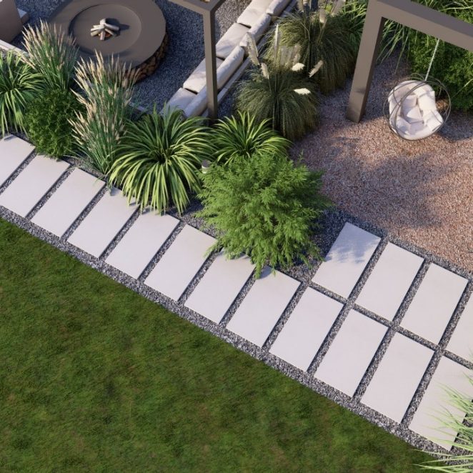 Render posesji na której wykorzystano produkt Livello Grande w kolorze Silexo jako palisady, obrzeża, donice, płyty układane step by step, stopnie lewitujące
