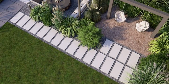 Render posesji na której wykorzystano produkt Livello Grande w kolorze Silexo jako palisady, obrzeża, donice, płyty układane step by step, stopnie lewitujące