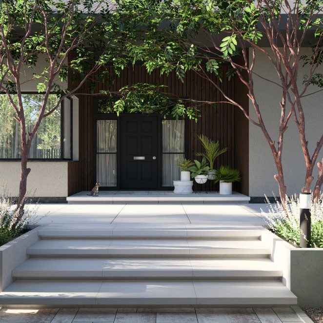 Render posesji na której wykorzystano produkt Livello Grande w kolorze Silexo jako palisady, obrzeża, donice, płyty układane step by step, stopnie lewitujące